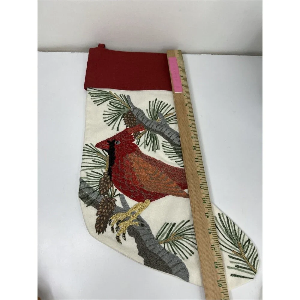 Pottery Barn Christmas Stocking Embroidery Cardinal Pine Cone Branch Bird Crewel
